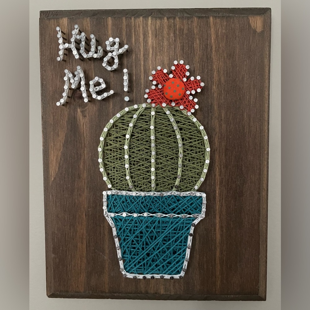 Cactus String Hug Me Art On Solid Wood Plaque 7” x 9” Hand Crafted Southwestern